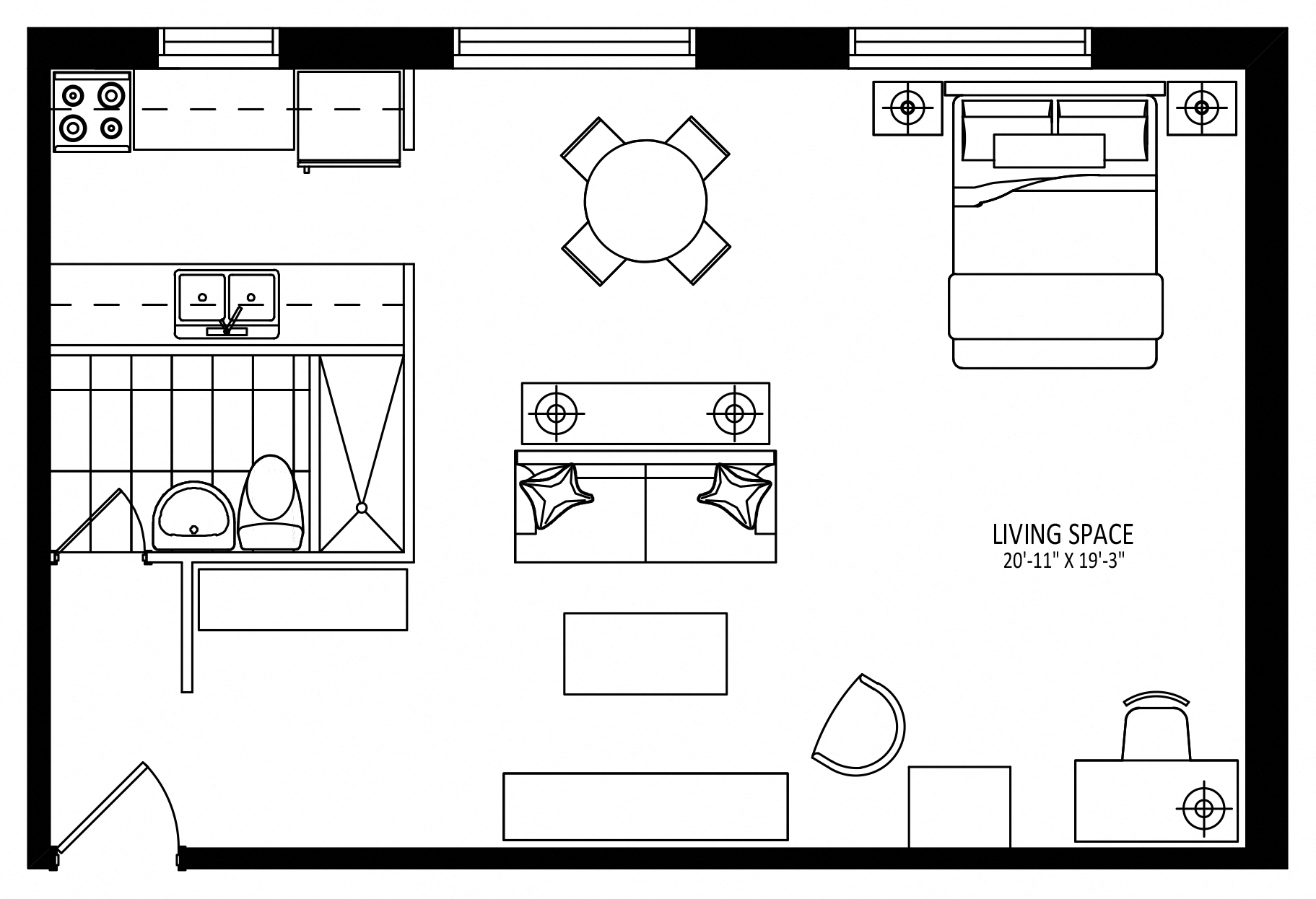 Floor plan for studio, 1 bath